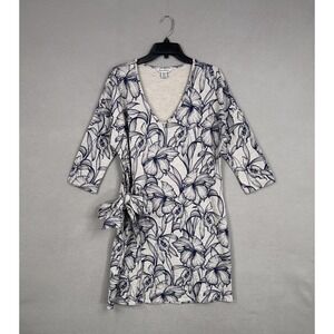 Tommy Bahama Dress Womens Medium Gray Navy Floral Tie Waist 3/4 Sleeve
